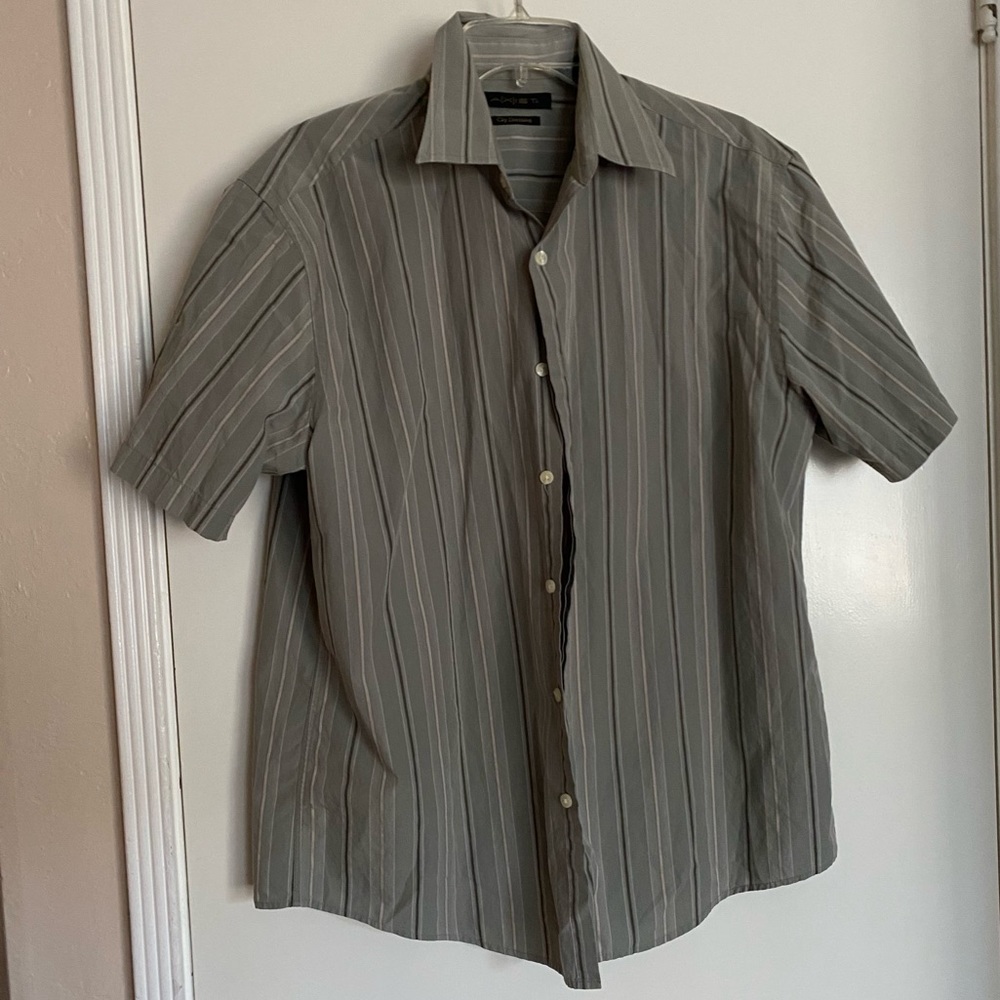 green striped short sleeve button down